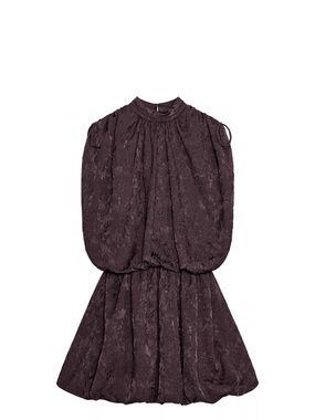 Zara Plum Textured High-Neck Bubble Mini Dress